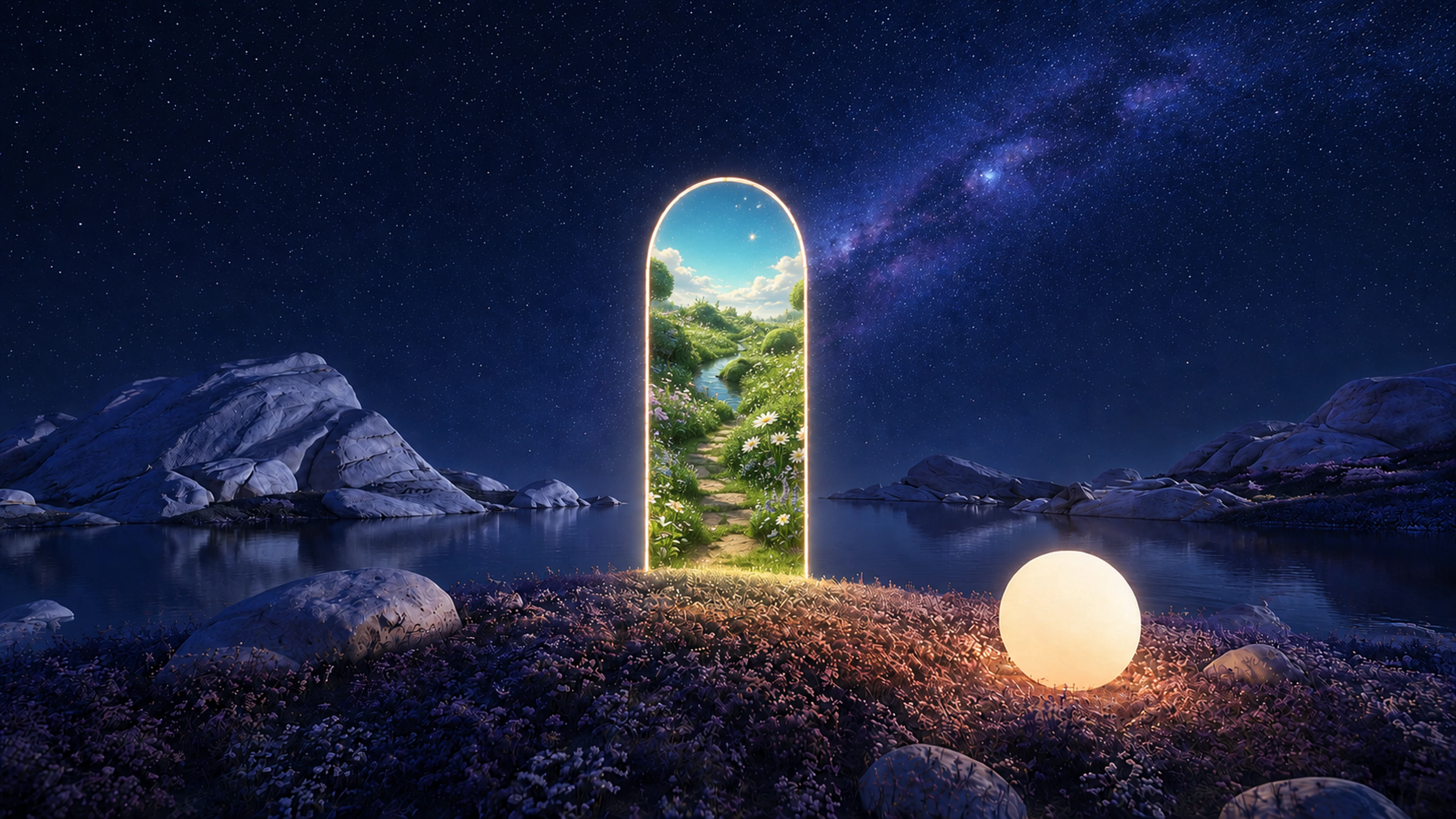 A glowing portal on a night lake, a luminous orb resting in the flowers beside it