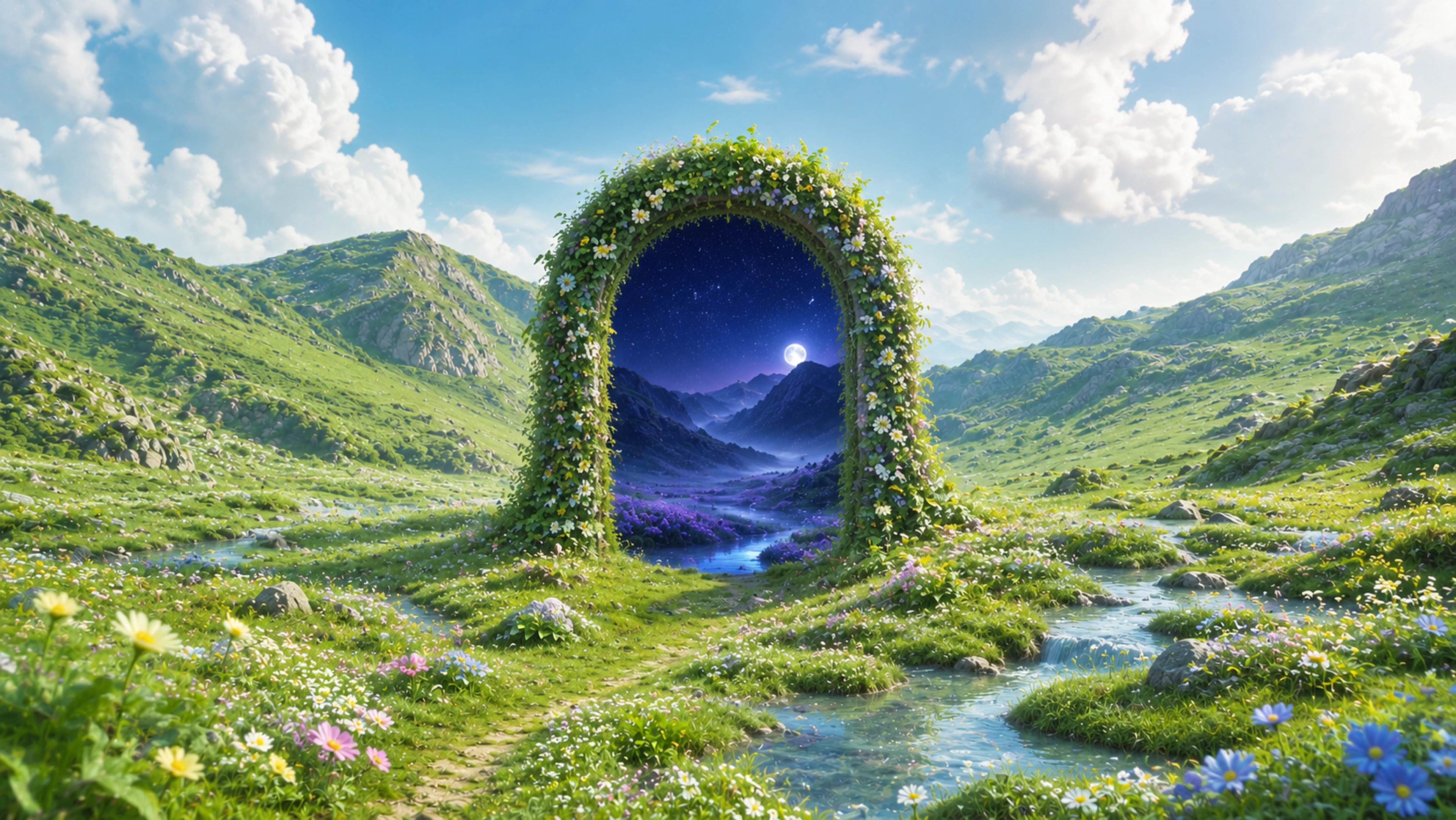 A flowering archway in a green valley, opening onto a starlit night