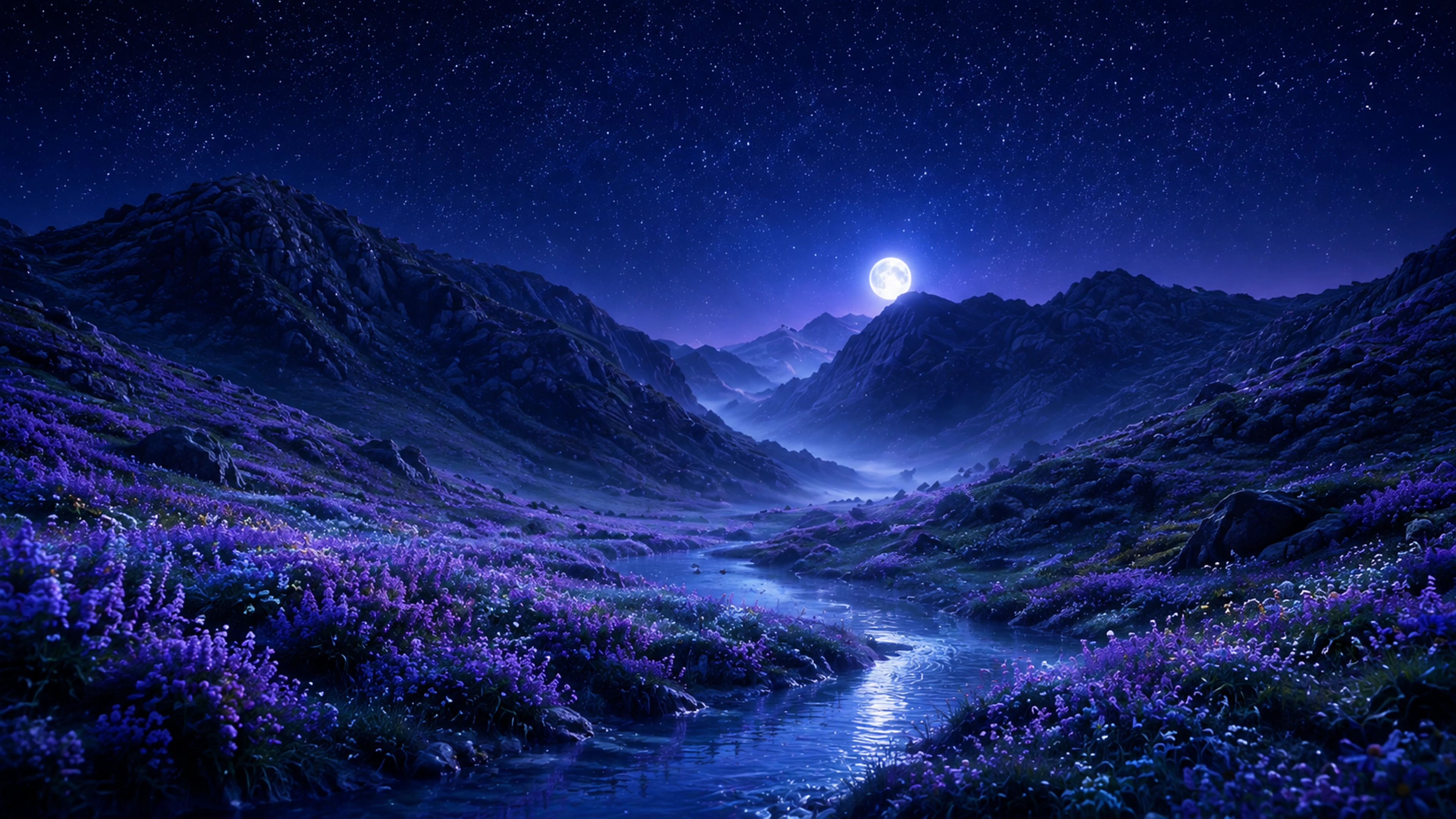 A moonlit valley of violet flowers with a river winding toward distant peaks