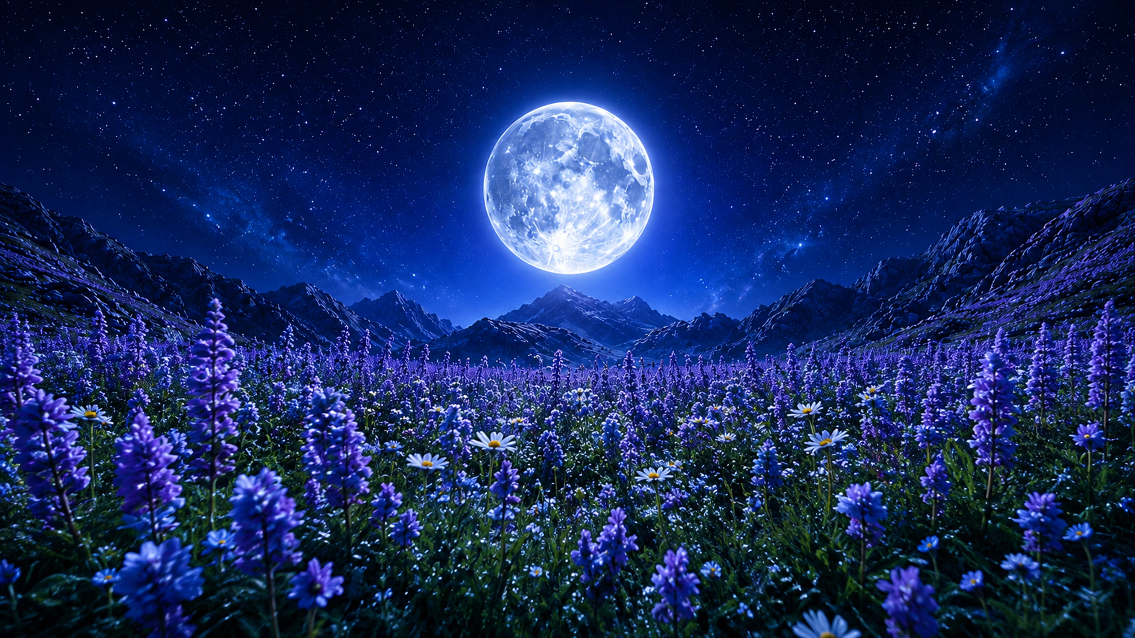 A full moon above a mountain pass filled with lupine flowers