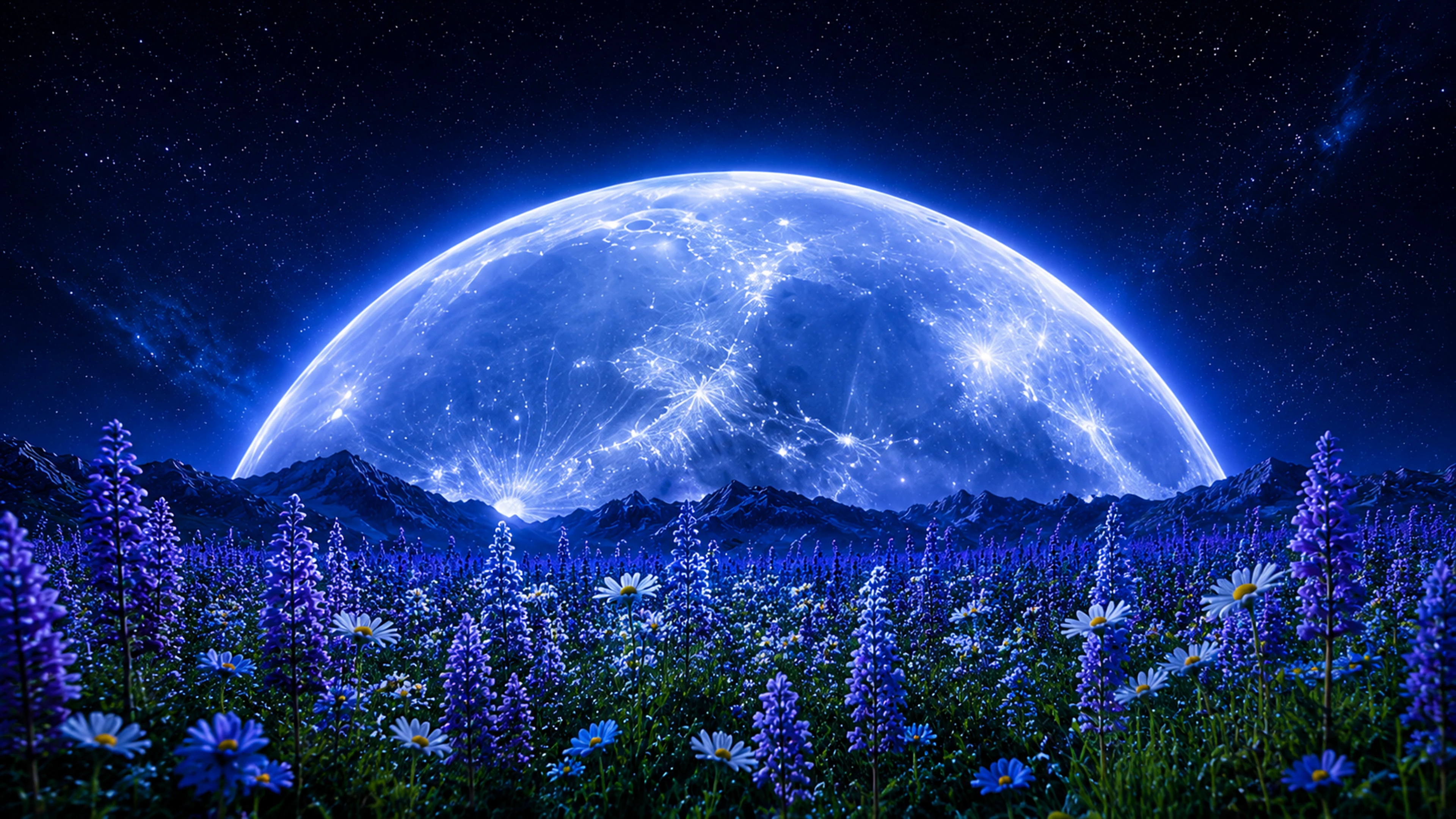 An enormous blue moon rising behind mountains over a flower field