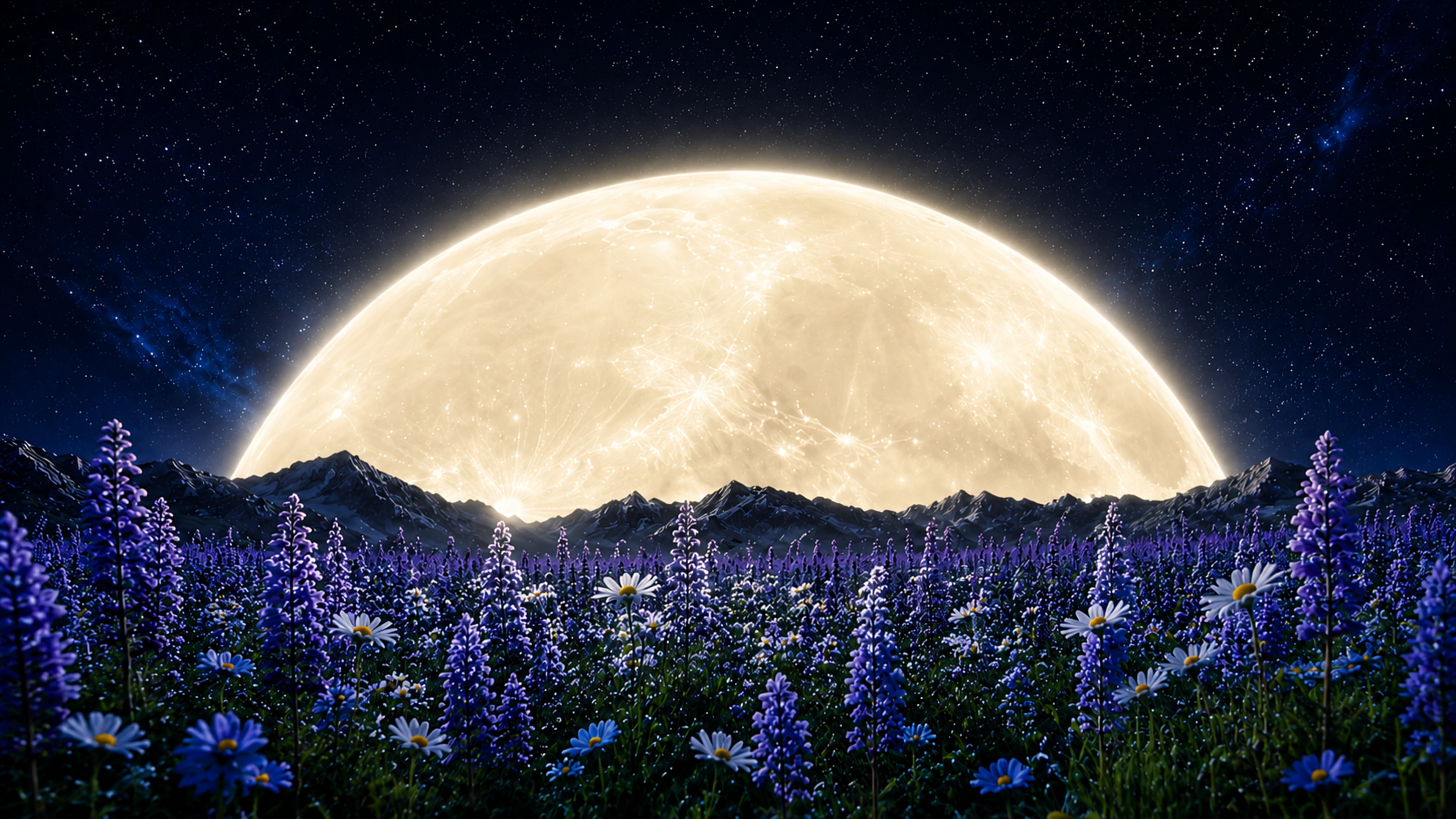A vast golden moon glowing above silver mountains and a field of flowers